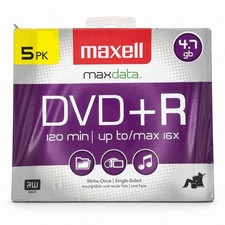 Maxell MaxData DVD R Blank Recordable Disc Media 4.7GB 120 Min 16x 5 Pack Sealed
