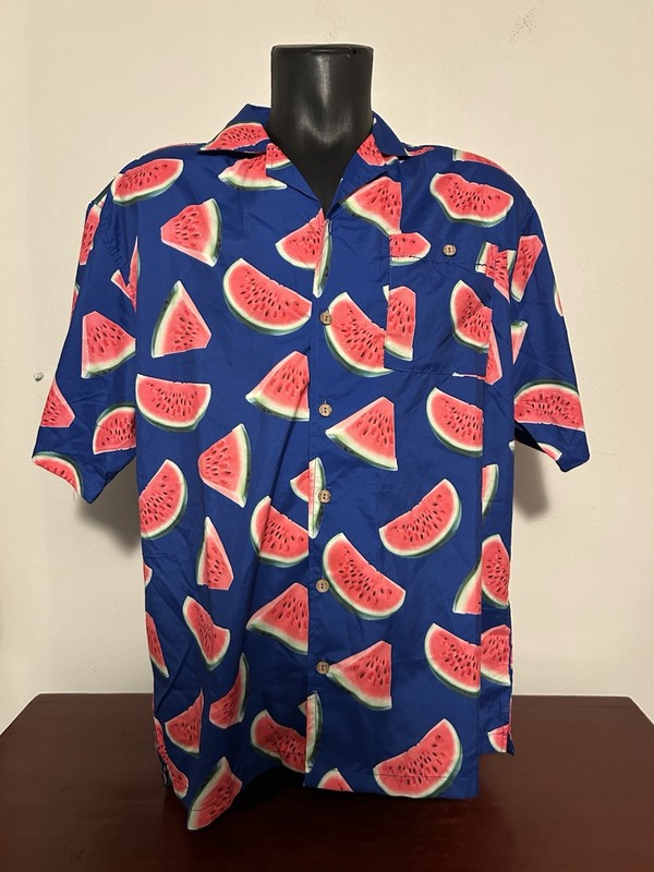 UZZI Amphibious Gear Blue Hawaiian Shirt Watermelon Short Sleeve Size Large Fun