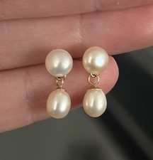 14K Solid Yellow Gold Fresh Water Pearl Drop Stud Earrings
