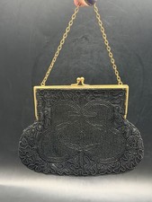 Vintage Beautiful Handmade Black Beaded Purse with Gold Made in Belgium 7" x 5"