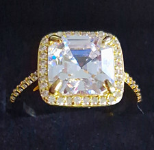 Yellow Gold Plated Square Clear Crystal Halo Cocktail Ring Size K