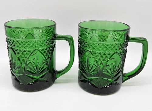 2 Cristal D Arques-Durand Antique Emerald Green Glass Mug France Vintage CHIP