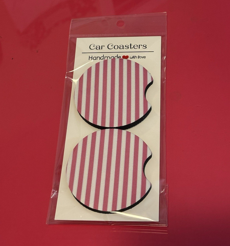Handmade Car Coaster Set 2pc Round Neoprene Pink & White Stripe Modern