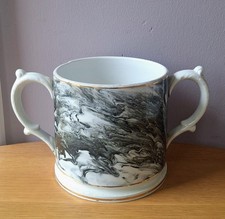 Large Rare Early 2 Handled Loving Cup - Black Marble / Agate / Mocha Ware Style