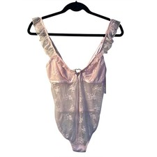 Sweet Pink Sheer Lace Ruffle Strap Bodysuit