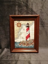 Small Vintage Lighthouse Scene Framed Needlepoint 6.5 x 8.5" Nautical