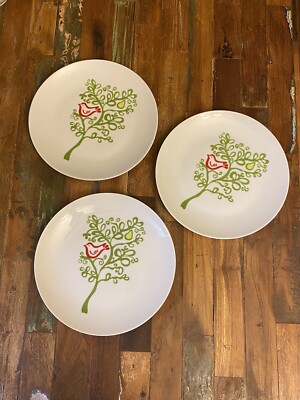 3 Crate and Barrel 8'' Christmas Salad/Bread Plates ''Partridge In A Pear Tree''