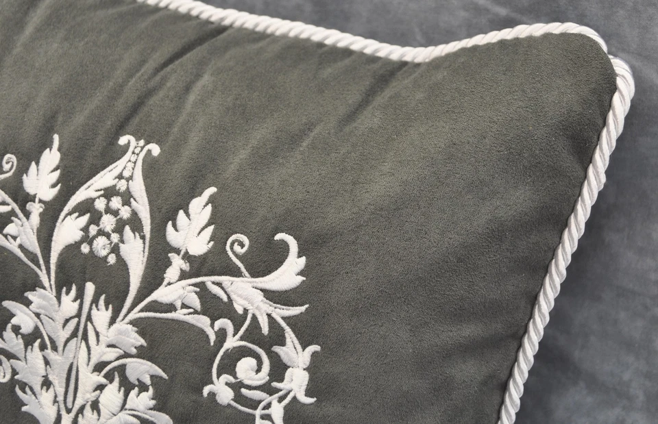 Embroidered White Floral Pillow made w/ Gray Faux Suede Fabric 12" trim cording - Image 2 of 3