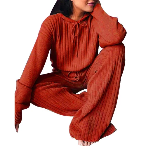 Outfits zweiteiliges Set Freizeitanzug Damenanzug Strickpyjama süß einfarbig mit Kapuze - Bild 7 von 22