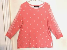 Susan Graver Weekend Womens Blouse L Paisley Pink White Printed Halo 3/4 Sleeve