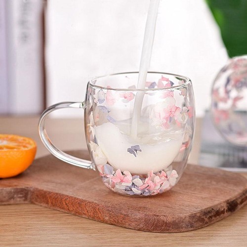 Dry Flowers Double Wall Glass Cup With Handle Heat Resistant Coffee Tea Mug N2X1 - Picture 6 of 16