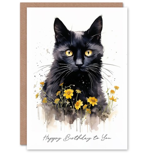 Artery8 Geburtstagskarte – Schwarze Katze Mit Gelben Blumen | Blanko-Innenbereich Für Persönliche Wünsche