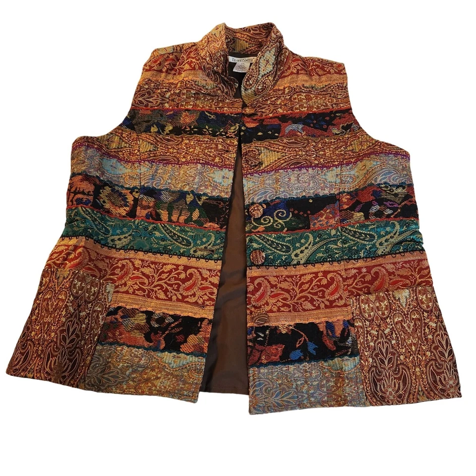 Jaqueta colete artesanal TravelSmith multicolorida sem mangas mistura de seda com ornamento - Imagem 4 de 4