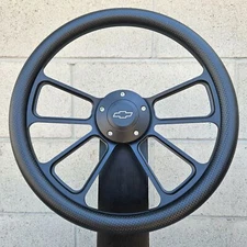 14" Black 4 Spoke Steering Wheel w/ Carbon Fiber Vinyl Wrap and Chevy Horn
