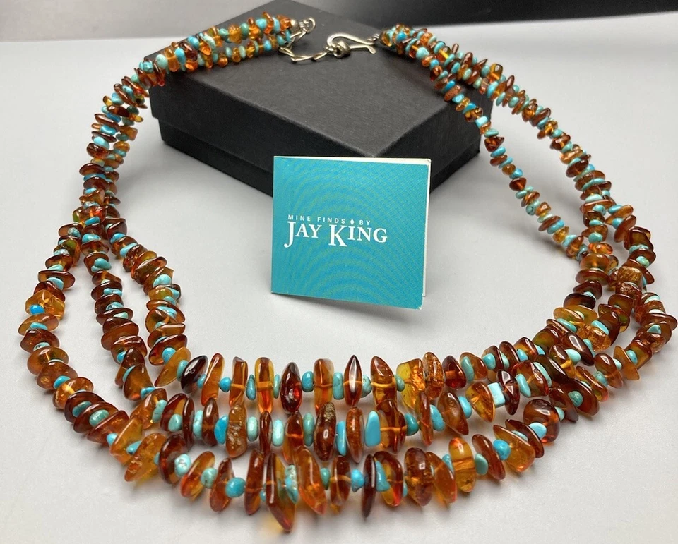 Jay King DTR Mine Finds Sterling Silver 925 Amber & Turquoise 3 Strand Necklace