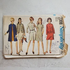 Vintage Simplicity 7308 Button-Up Coat Jacket Dress A-Line Misses 14 CUT 1967