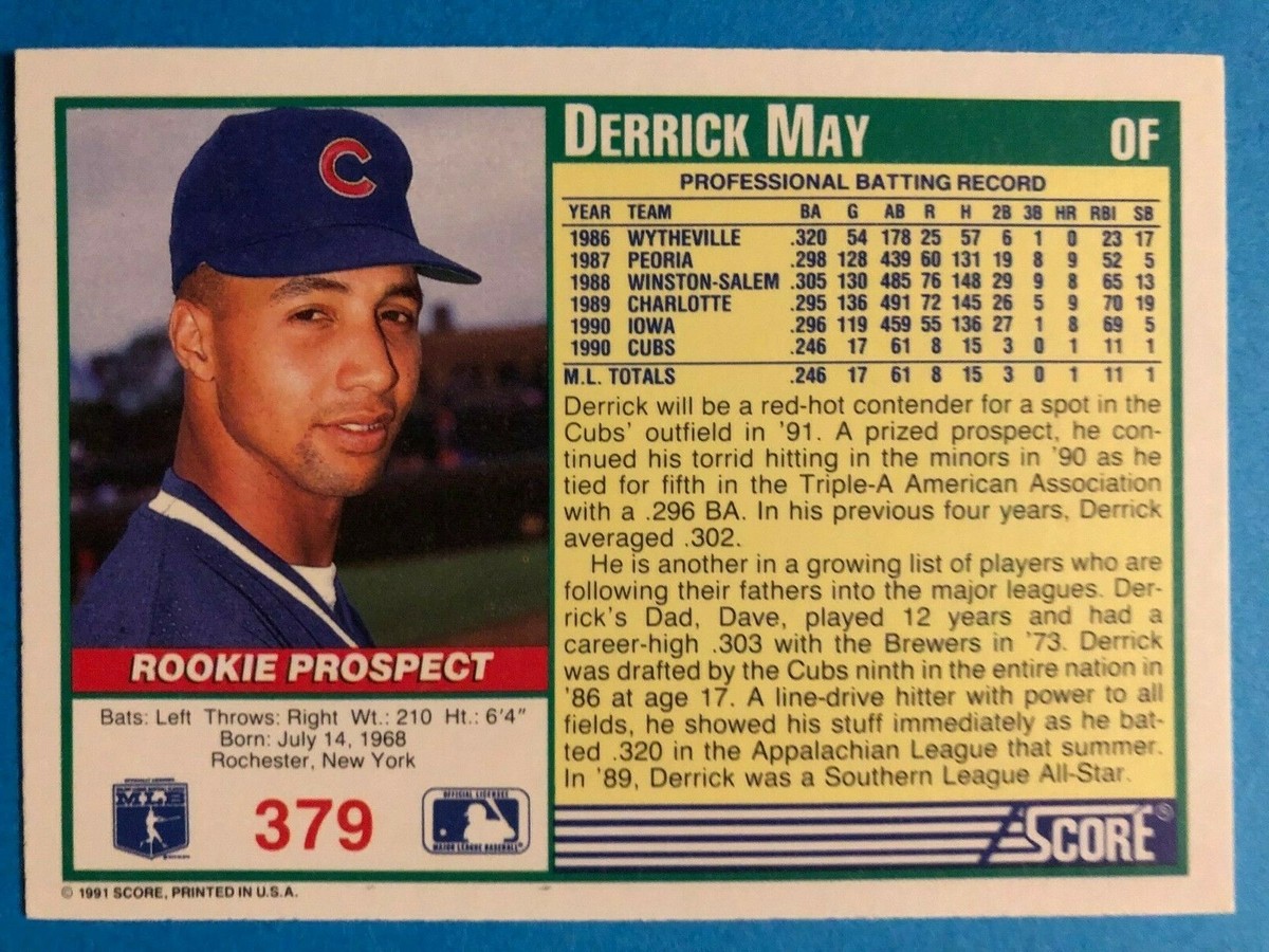 1991 Score Rookie Prospect Derrick May #379 Chicago Cubs | eBay