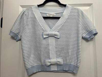 Threaded Leaf Coquette Bow Knit Sweater Top Blue White Size L Quiet Luxury