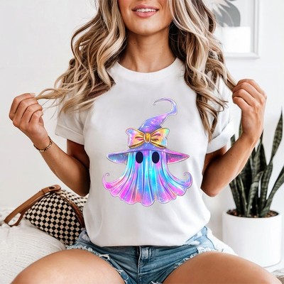 Schillerndes funkelndes Geist Hexe Damen T-Shirt süßes Gespenst Halloween Geschenk für sie