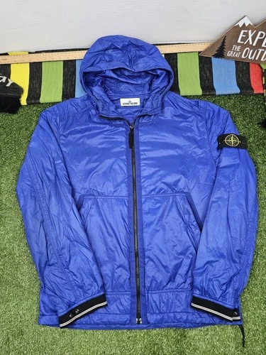 stone island men L micro rip stop primaloft hooded jacket blue full zip packable video thumbnail