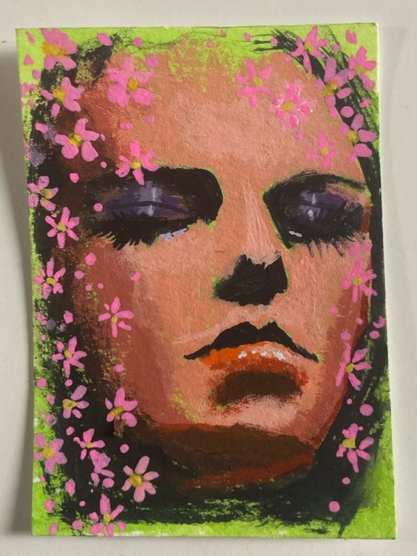 aceo original painting portrait woman flowers face lady oddities 2.5 x 3.5
