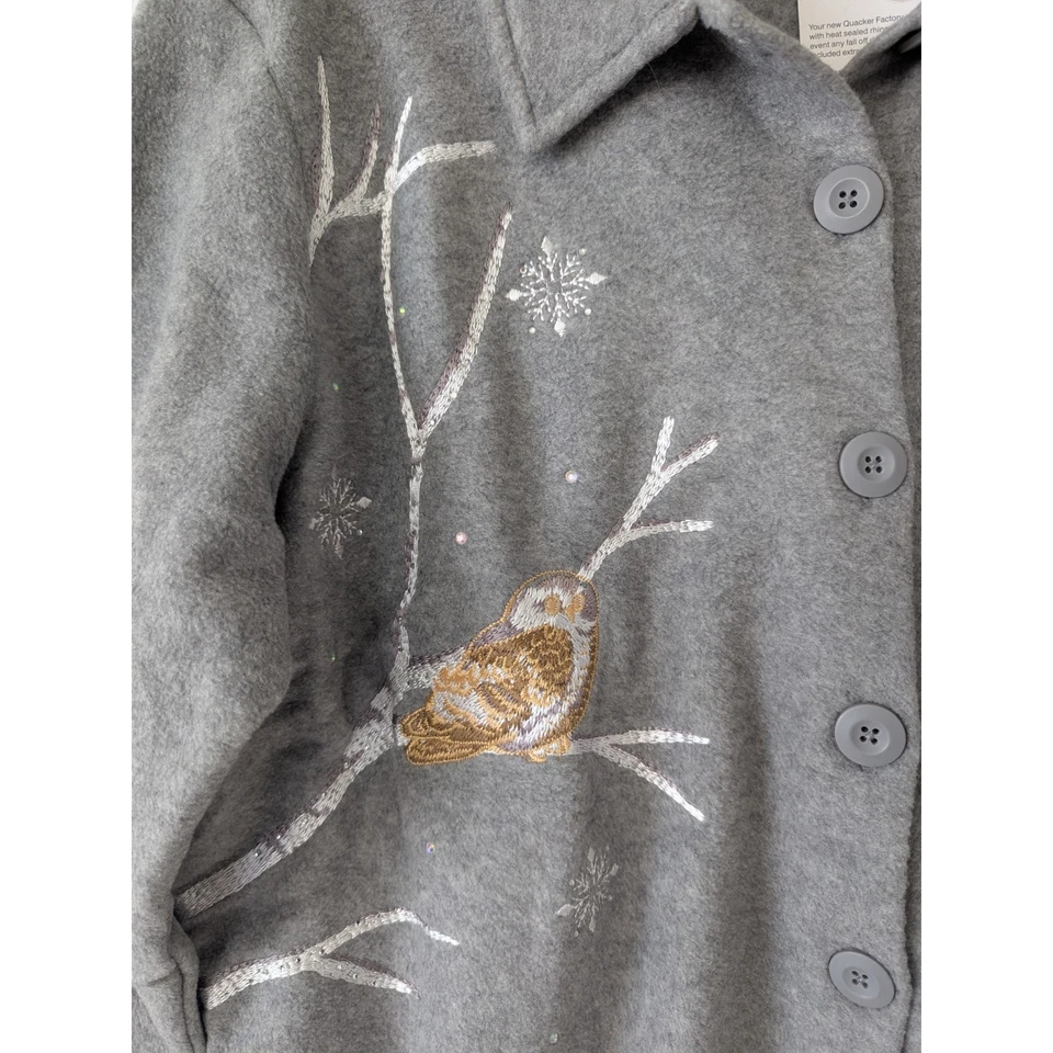 Quacker Factory Fleece Shacket Size L Gray Owl Snowflake Winter Embroidered - Image 3 of 4