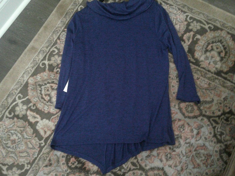 Chelsea &Theodore Royal blue cowl necked top button accent, hankerchef hem L NWT
