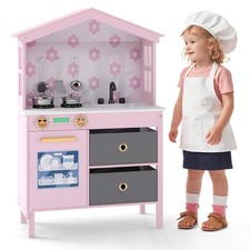 Kids Play Kitchen w/2 Stoves, Rotation Knobs, Faucet, Sink, Dishwasher, Drawers
