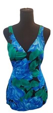 Roxanne Vintage 70's Blue Floral Skirted One Piece Swimsuit Women's Size 14 36C