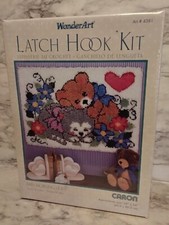 Vintage Caron Wonder Art BABY MORNING LIGHT Latch Hook Bear Cat 24  x34  Sealed