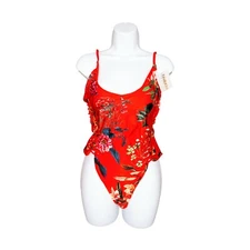 TiniBikini Women Floral Lace Up Detailed One Piece Swimsuit Red Size M 5279