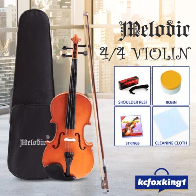 Melodic 4/4 Full Size Acoustic Violin Wooden Natural w/ Bow Rosin Strings - image 1 of 4