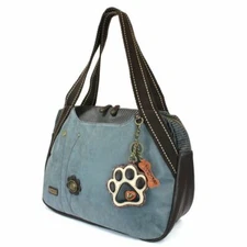  Chala Bowling Zip Tote Large Bag Pleather Stone Indigo Blue IVORY PAW PRINT New