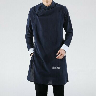Men Chinese Shirt Retro Tang Suit Mandarin Collar Frog Button Oriental Coat Tops