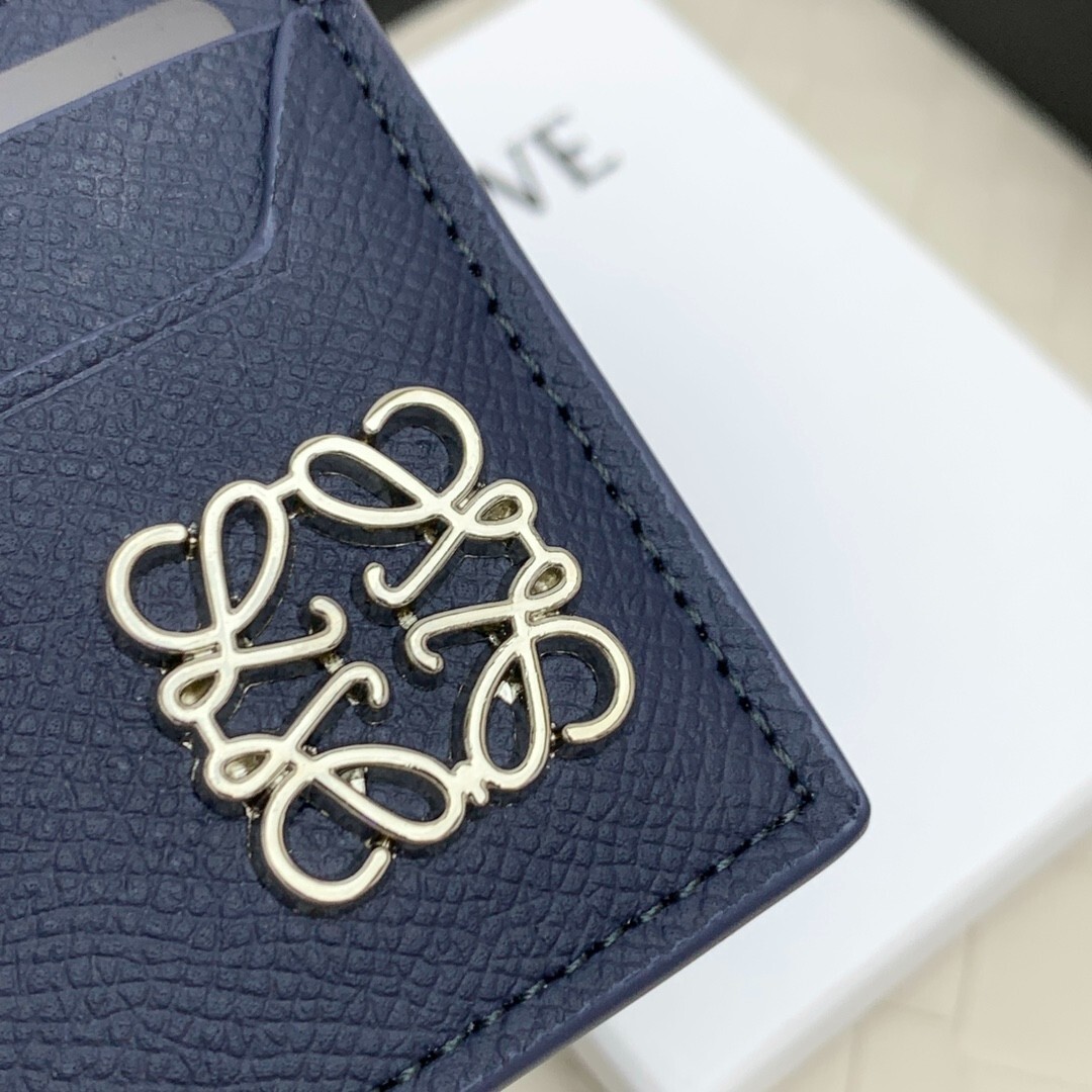 LOEWE Anagram Card Holder Navy Blue Grained Leather Silver