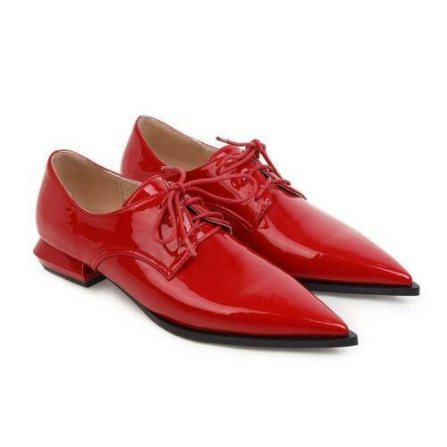 Womens Low Block Heel British Pointy toe Lace up Oxfords Shoes Flats Ladies 2021 - Picture 9 of 17