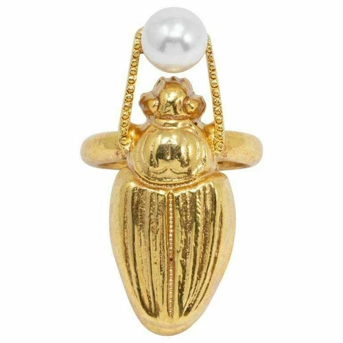 Oscar de la Renta Gold Scarab Faux Pearl Cocktail Ring, Contemporary Statement S