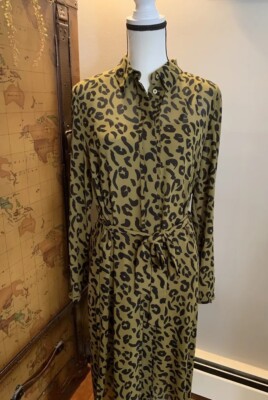 Escada Sport Lined Dress Women 40 Green Leopard Animal Button Belted Long Sleeve