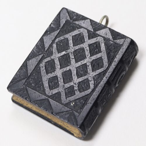 An Antique Irish Bog Oak Holy Bible Pendant, Named Alice P, Dated 1877. - Picture 2 of 9