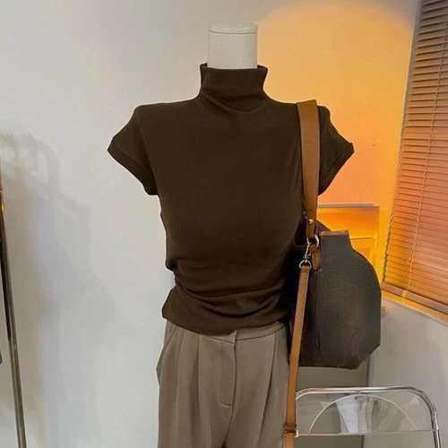 Mujeres Top Mangas Cortas Camiseta Cuello de Tortuga Calce Ajustado Blusa Parte Inferior - Imagen 11 de 25