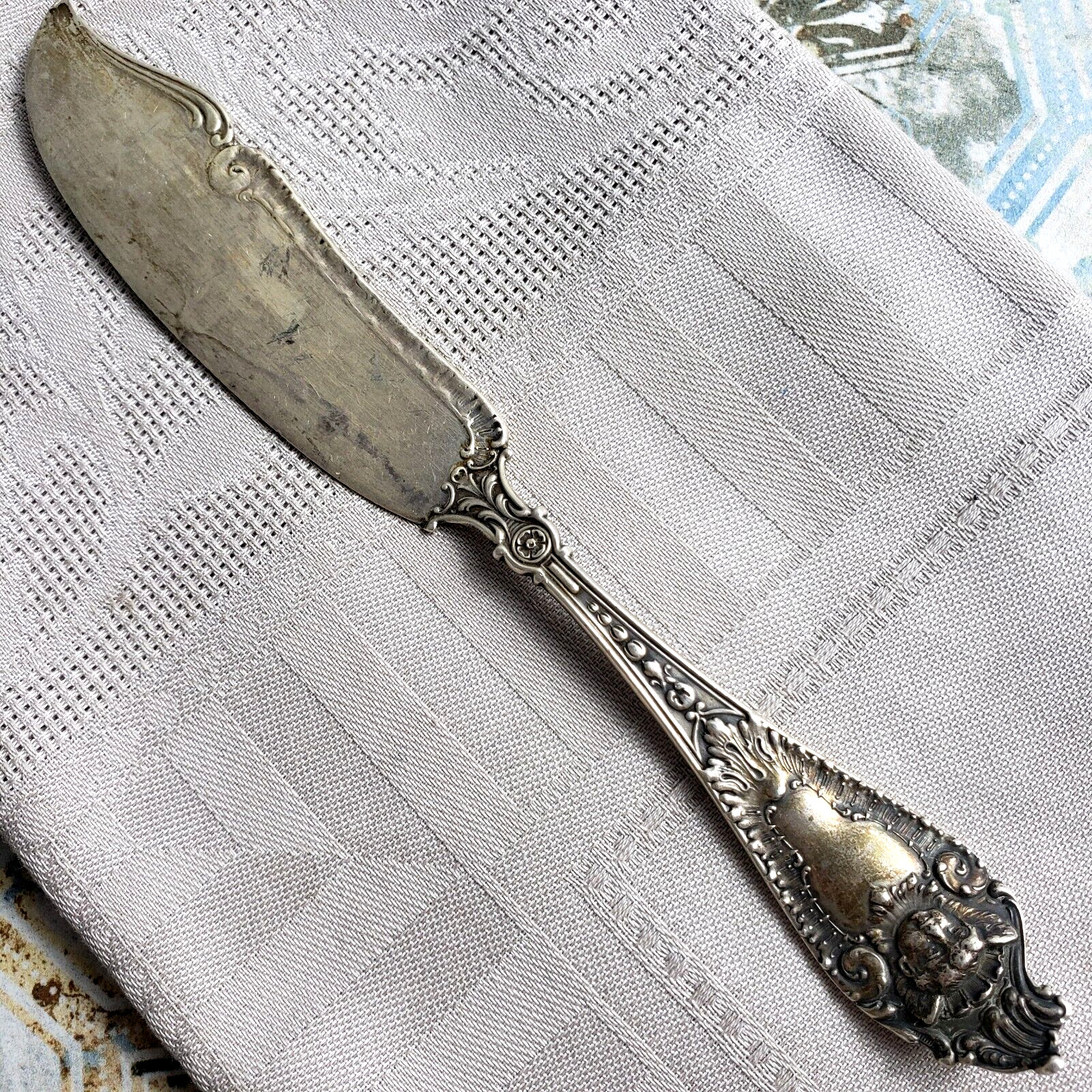 MECHANICS STERLING CO Watson 1896 CHERUB Silver 6.5" Master Butter Knife Vintage