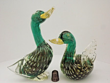 2 statuine anatra vintage in vetro di Murano/Veneto con bolle incassate e foglia oro