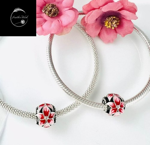 Sterling Silver 925 Charm Red Flower Orchid Daisy Bead For Bracelets Mum Sister - Picture 4 of 15