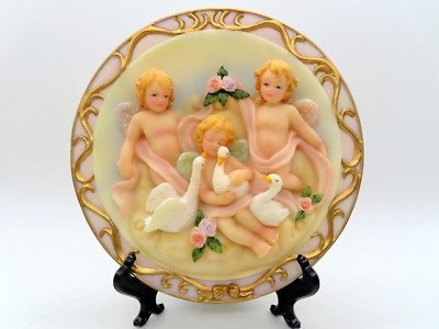 New Angel Cherub w/ Swan Deco 3D Plate w/ Stand 3 Cherubs & Swans Roses 