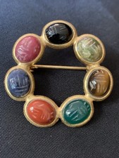 Carved Gemstones Scarab Brooch Pin Gold Tone Egyptian Revival Onyx Tiger's Eye..