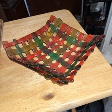 FUSED ART GLASS TRINKET BOWL MULITCOLORED LATTICE PATTERN 8