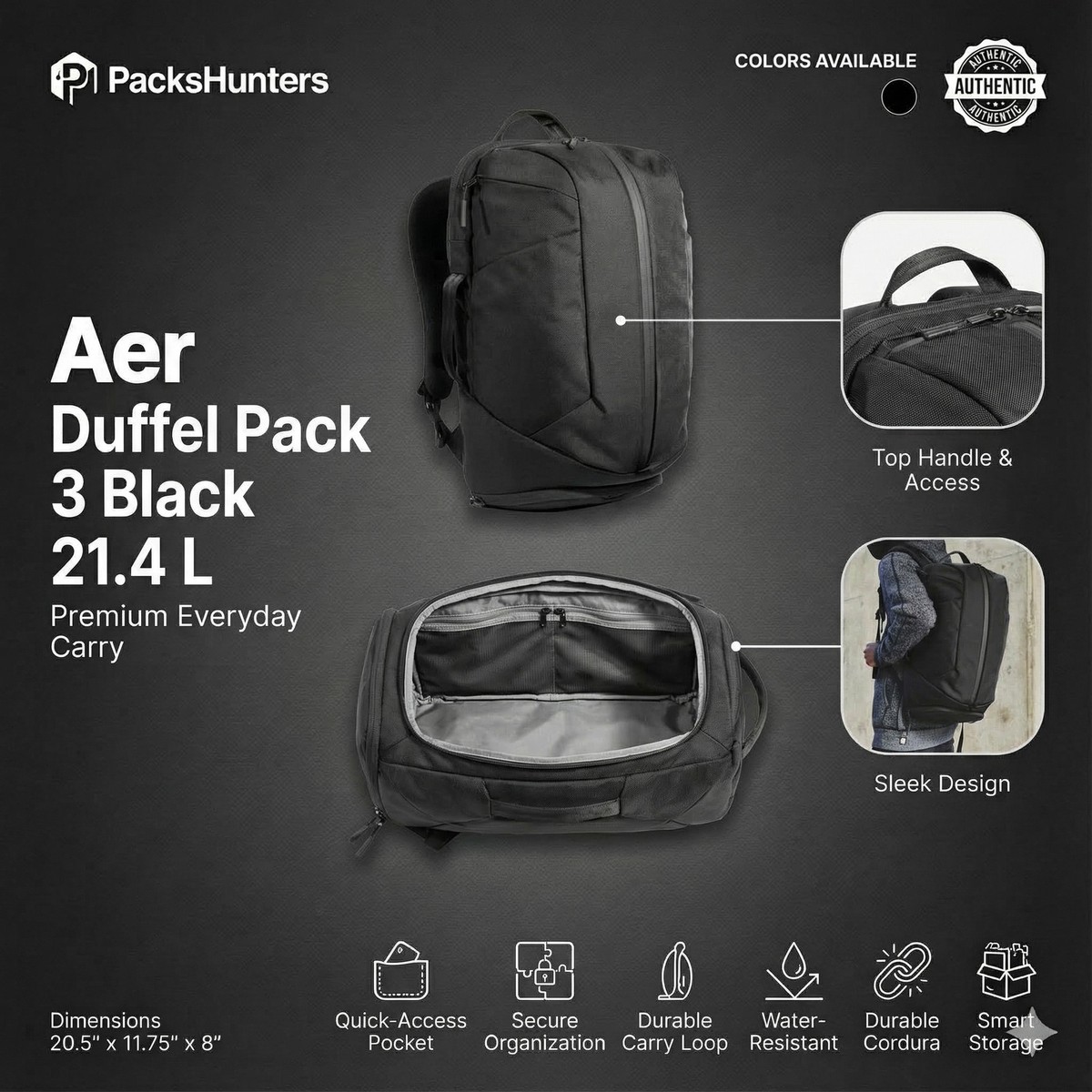 Aer Duffel Pack 3 - Black Backpack Travel Laptop Carry On Bag | eBay
