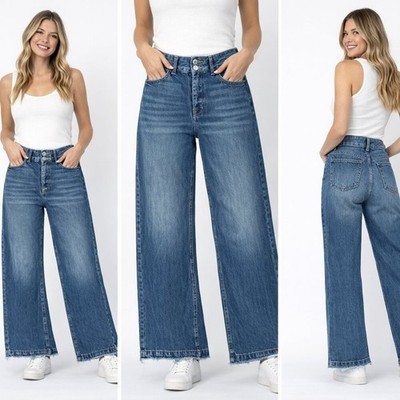 Kancan High Rise Button Fly Wide Leg Jeans   Raw Hem Medium Wash Size 28