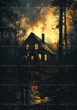 HAUNTED CABIN IN THE WOODS ART PRINT, Dark Forest Decor, House Landscape Poster
