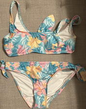 Billabong Floral Tie Side Bikini Set Blue Yellow Pink Tropical EUC girls 12-14